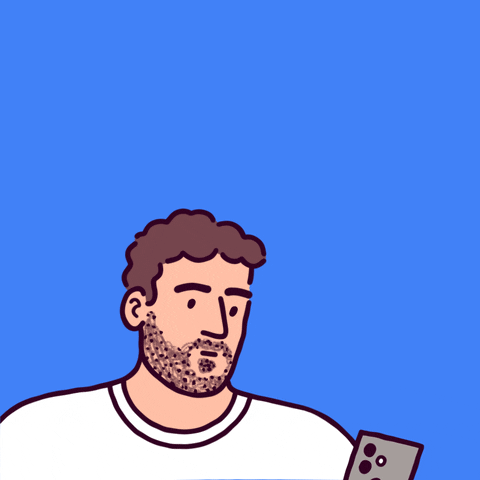 Digital art gif. Cartoon man with curly hair and beard looks inquisitively at his cell phone. Two thought bubbles appear above his head, one after the other. They say, in Polish, "Is it true? Is it possible?"
