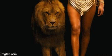 Music video gif. From a Massari music video, a woman dressed a shiny gold bra top and skirt, with ornate gold jewelry, walks with a male lion and then slowly dances in front of a tapestry.