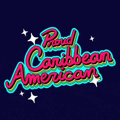 Digital art gif. Swirly script font in pink, yellow and green made to look like a neon sign reads, "Proud Caribbean American," against a deep blue background surrounded by twinkling white stars.