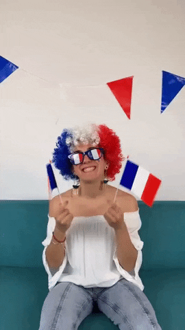 Video gif. A woman sitting on a coach wears a curly wig in the French flag colors as well as sunglasses that has lenses made to look like the flag. She has a big smile on her face as she waves two French flags in the air. 
