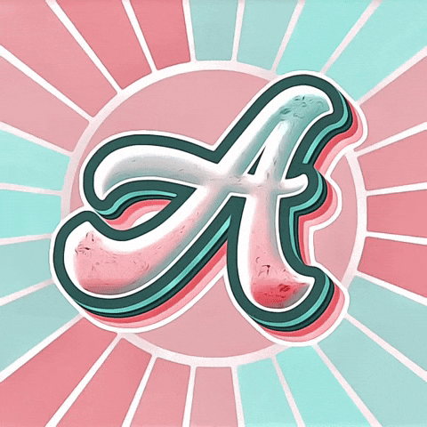 Text gif. The letter "A" is written in a retro font and it glows with a pink and teal sheen against a rotating aquamarine and pink lined background. 