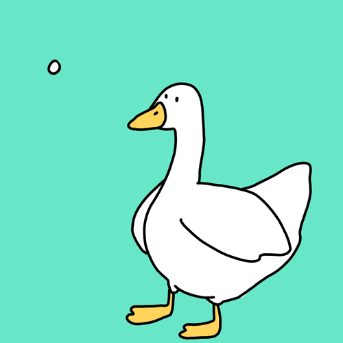 Illustrated gif. A goose stands there still and then pops its wings up and it's eyes widen with excitement. The goose says, “You are my everything!” The gif shakes as it says, “Everything!”