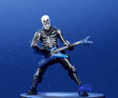 Video game gif. Musclebound Fortnight skull trooper rocks out on a blue electric guitar, headbanging against a blue background.