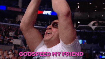 Celebrity gif. Vin Diesel stands up in the crowd at a UFC match. He claps his hands over his head and then spreads his arms out to scream loudly. Text, “Godspeed my friend.”