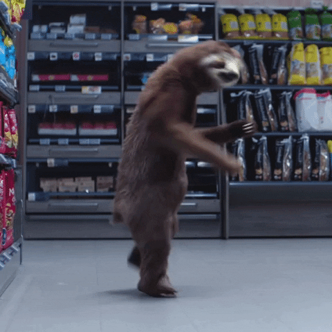 Video gif. A sloth is moving towards us and doing the shuffle in the aisle of a grocery store. He's dancing remarkably fast and well for a sloth. 