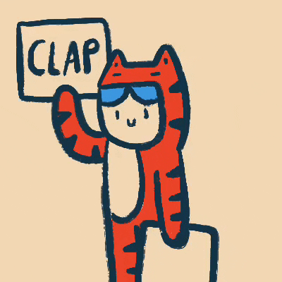 Illustrated gif. A person in a tiger onesie raises up a sign that says, “Wow.” Then, he raises up another sign that says, “Clap.”