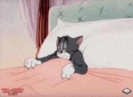 Cartoon gif. Tom from Tom and Jerry lies in an elaborate bed, yawning wide and stretching his paws above his head. He settles onto the white pillow and nestles under the pink blanket. 