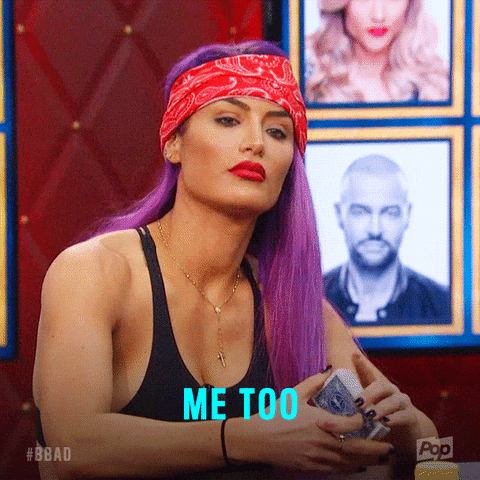 Reality TV gif. In a clip from Big Brother, Natalie Eva Marie wears a red bandanna and prepares to shuffle a deck of cards as she casually tells us: Text, "Me too."