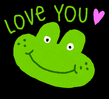 Digital art gif. A frog gives us a cheeky, closed eyed smile and the text above it reads, "Love you!"
