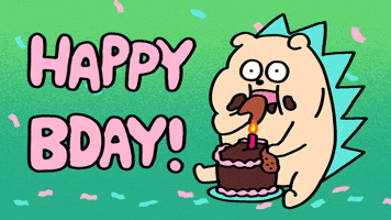Digital illustration gif. Hedgehog looks dazed as it continuously stuffs chocolate birthday cake in its mouth with both hands against a green backdrop with falling confetti. Text reads, "Happy day!'