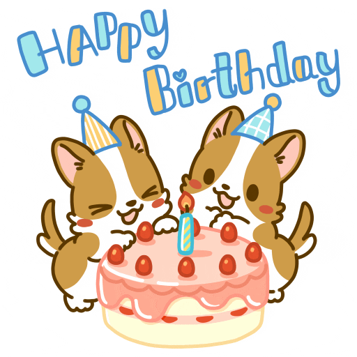 Digital illustration gif. Two corgis wear party hats, as one tries to blow out a candle on a birthday cake and the other claps. Text, "Happy birthday."
