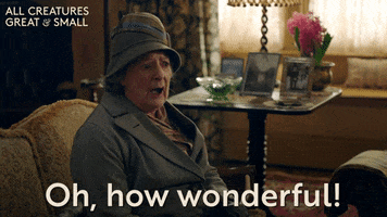 TV gif. A senior woman from All Creatures Great and Small speaks to someone offscreen, overcome with emotion. Text, "Oh, how wonderful!"