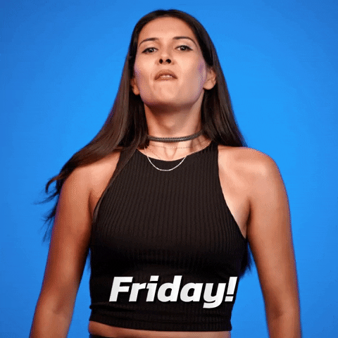 Video gif. Wearing a sleeveless black top, Patti Harrison gives us an intense shout, then a smile. Text, "Friday!"