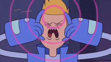 Cartoon gif. Chris Kirkman from Bravest Warriors is clenching his eyes shut and fully focuses as he attempts to do telepathy. Pink vibrations emanate from his mind as he puts his hands up to his face to focus his powers.