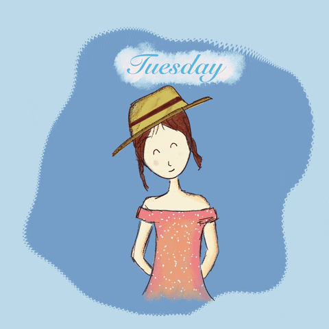 Illustrated gif. Smiling girl with pigtail braids, a sun hat, and a pink polka-dot dress stands in a periwinkle-blue frame, around which stems of sunflowers pop up. Text appears above her, "Tuesday."