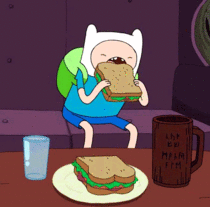 Cartoon gif. Finn from Adventure Time eats a whole sandwich in two bites, pours a glass of orange juice into a cup and drinks it, then houses another sandwich, before curling up on the couch to nap.