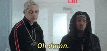 SNL gif. Chris Redd and Pete Davidson are standing there trying to look threatening but Chris's eyes go wide as he says, "Oh damn."