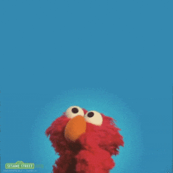 Sesame Street gif. Elmo on Sesame Street taps his mouth with a finger as if deep in thought as he glances around. 