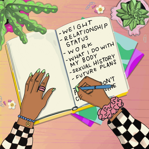 Digital art gif. Open notebook on a desk with succulents and smiley erasers, reads, "Weight, relationship status, work, what I do with my body, sexual history, future plans," hands with green polish complete the entry, "please do not cross this line."