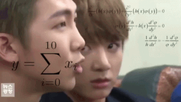 Video gif. Jungkook from BTS looks confused or scared in a class setting. Math equations are overlaid on the screen around his face. 