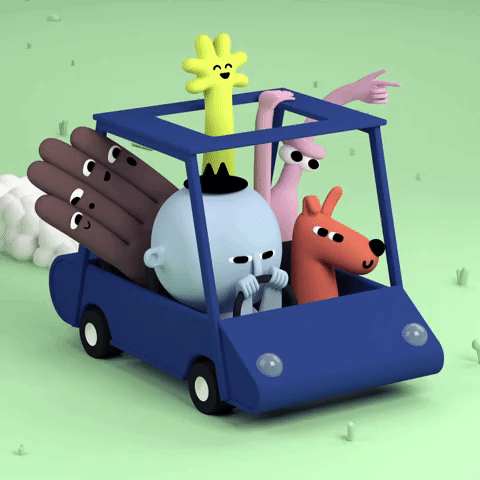 Cartoon gif. A blue car full of stylized animated characters bounces along the road.
