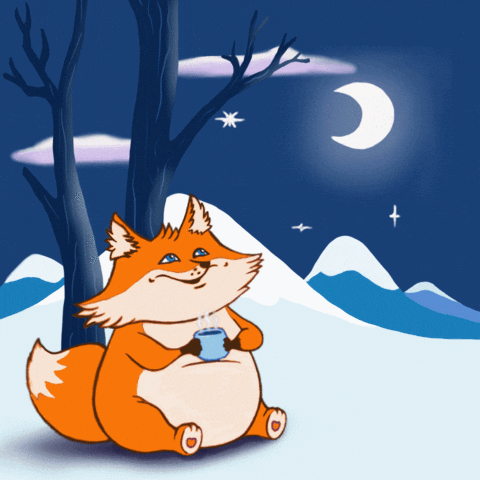 Illustrated gif. Chubby orange fox sits against a tree in a wintry landscape at night, gazing up happily at the crescent mood and holding a steaming warm mug.