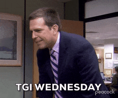 The Office gif. Ed Helms as Andy leans forward with a deadpan expression and says, "TGI Wednesday."