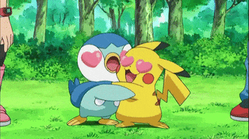 Cartoon gif. Pokémon Pikachu and Piplup embrace each other and nuzzle their faces together, both with bulging heart eyes.
