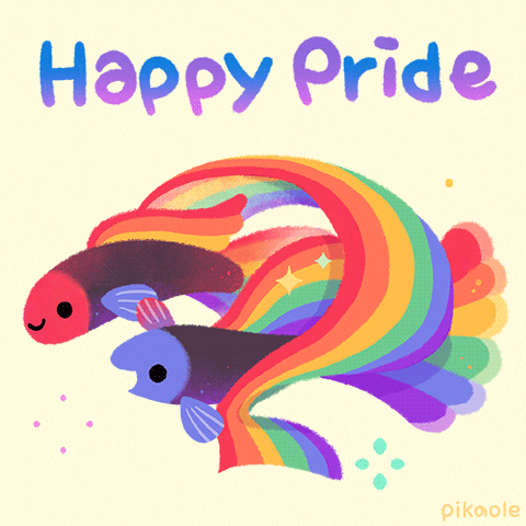 Illustrated gif. Two colorful tropical fish happily swim together under a rainbow banner with the message, “Happy Pride.”