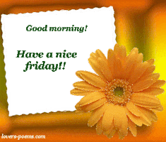 Digital art gif. A glittering orange flower rests near a blackboard with green text. Text, "Good morning! Have a nice friday!!"