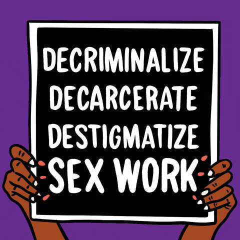 Illustrated gif. Black sign with key words underlined one at a time is lifted up on a purple background. Text, "Decriminalize, decarcerate, destigmatize sex work."