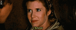 Star Wars gif. Carrie Fisher as Princess Leia in Return of the Jedi looking deeply into Han Solo's eyes while saying, "I know" with a small smile.