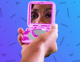 Video gif. Woman winks in the reflection of a compact mirror and the words, "Boy bye" appear. She snaps the mirror closed.