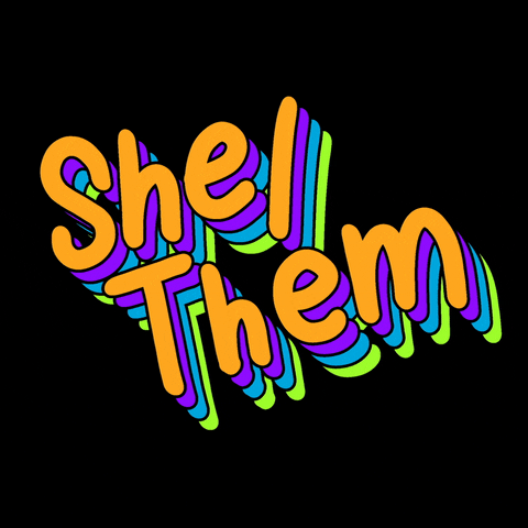 Text gif. Youthful handwriting letters reading, "She/them," flashing neon blue, purple, orange, and green.