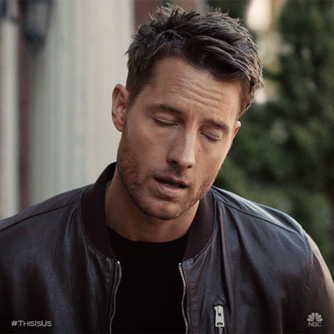TV gif. Looking sad and overwhelmed, Justin Hartley as Kevin in This Is Us lowers his eyes and shakes his head and says, “I can't.”