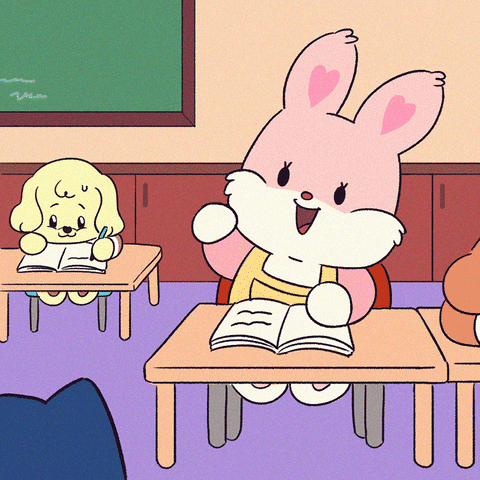 Anime gif. Sitting at a classroom desk, pink bunny from Muffin and Nuts smiles and raises its hand and a speech bubble appears containing the quadratic formula.