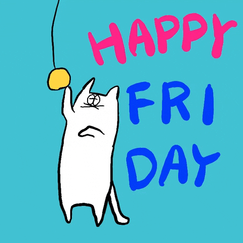 Cartoon gif. A happy white cartoon cat bats at a yellow ball on a string. Text, "Happy Friday!"