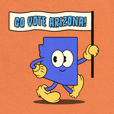 Digital art gif. Blue shape of Arizona smiles and marches forward with one hand on its hip and the other holding a flag against an orange background. The flag reads, “Go vote Arizona!”