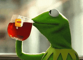 Muppets gif. Kermit the Frog sips a cup of tea then we cut to him in a robe watering some flowers as he gazes toward us. Text, "But that's. None of my business."