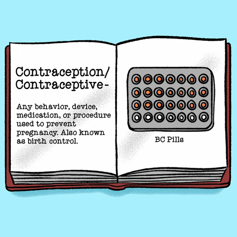 Digital art gif. Open book against a light blue background lies open as its pages turn. The page to the left reads, “Contraception/Contraceptive. Any behavior, device, medication, or procedure used to prevent pregnancy. Also known as birth control.” As the page turns, different type of birth control appears on the right page, including birth control pills, IUDs labeled, vaginal ring labeled, birth control patch labeled, and syringe.