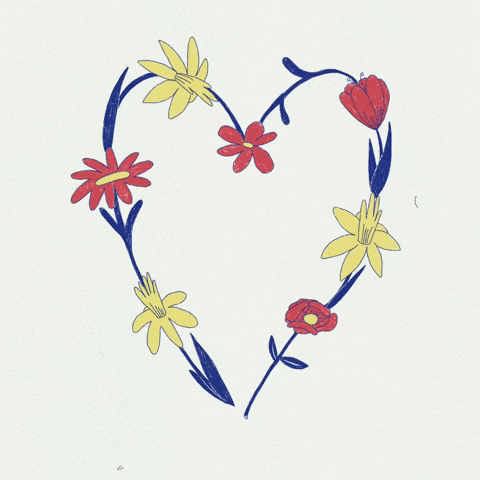 Cartoon gif. A chain of flowers, endlessly growing out of each other in the shape of a heart.