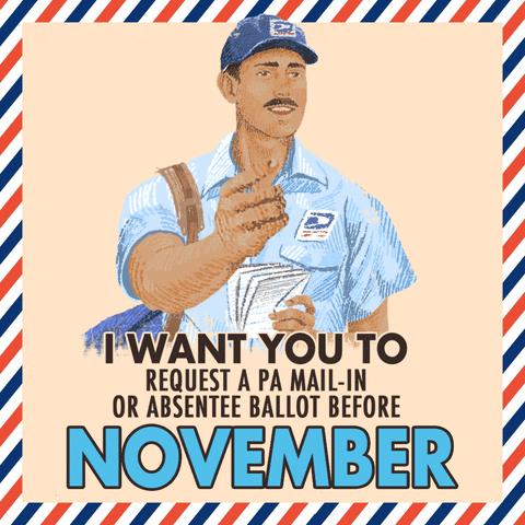 Digital art gif. U.S. Postal Service worker in uniform points at us against a beige background with the message, “I want you to request a PA mail-in ballot or absentee ballot before November.” 
