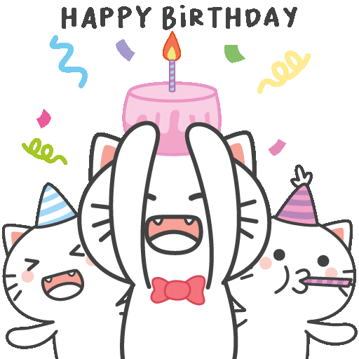 Kawaii gif. Three cats wearing party hats blow horns and confetti pops up all around them. The cat in the middle thrusts out a cake they're holding above their head and they all celebrate. Text, "Happy Birthday!"