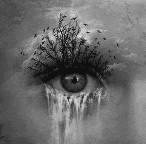 Digital art gif. Black birds fly out of the top of an open eye as a waterfall pours out from underneath it. 