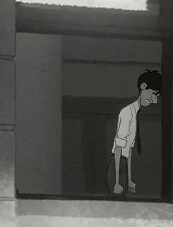 Cartoon gif. George from Paperman bangs his head on a wall, grimacing in frustration and balling his fists.