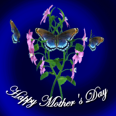 Digital illustration gif. Four blue and brown butterflies flutter around a spinning bouquet of pink flowers against a blue and black moving spiral background. Text, "Happy Mother's Day."