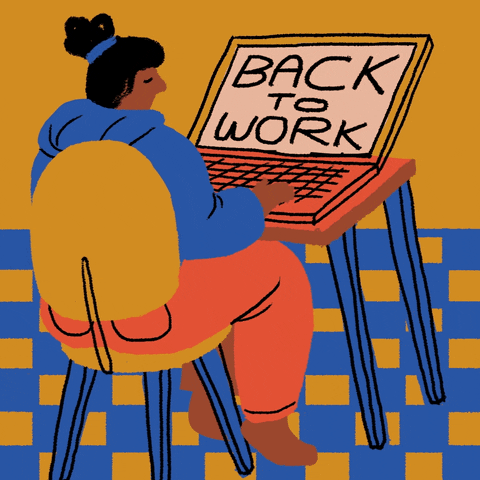 Illustrated gif. A woman sits at a laptop, snoozing. Her screen flashes the words, “Back to work.”