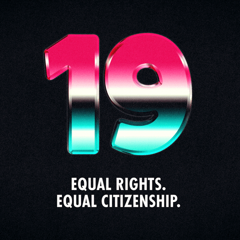 Digital art gif. Shiny, large number "nineteen" in a gradient of red, black and blue sits against a deep black background and above the all-caps words, "equal rights. Equal citizenship."