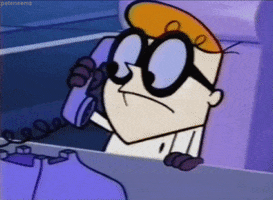 Cartoon gif. Dexter from Dexter's Laboratory. He's on the phone and his eyes move around as he taps his fingers on the desk, waiting for the receiver to answer his call.