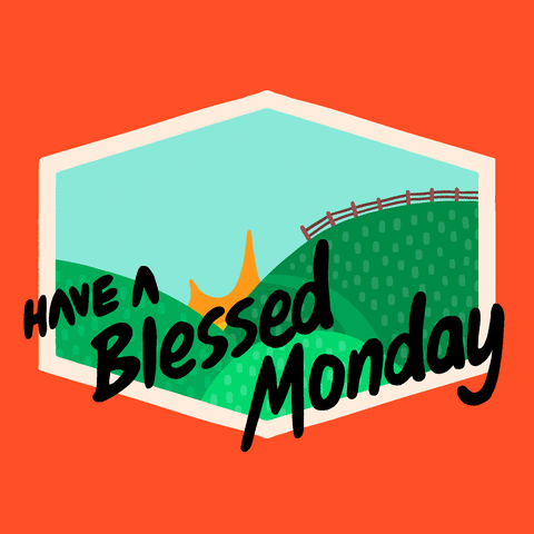 Digital illustration gif. Hilly pasture and a cow wearing pink sunglasses pop into frame with one hoof up under a smiling sun. Text, "Have a blessed Monday."